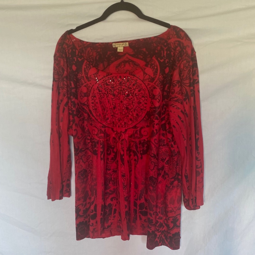 Energe World Wear Womens XL Red Black Damask Rhinestone Tunic‎ 3/4 Sleeve Boho